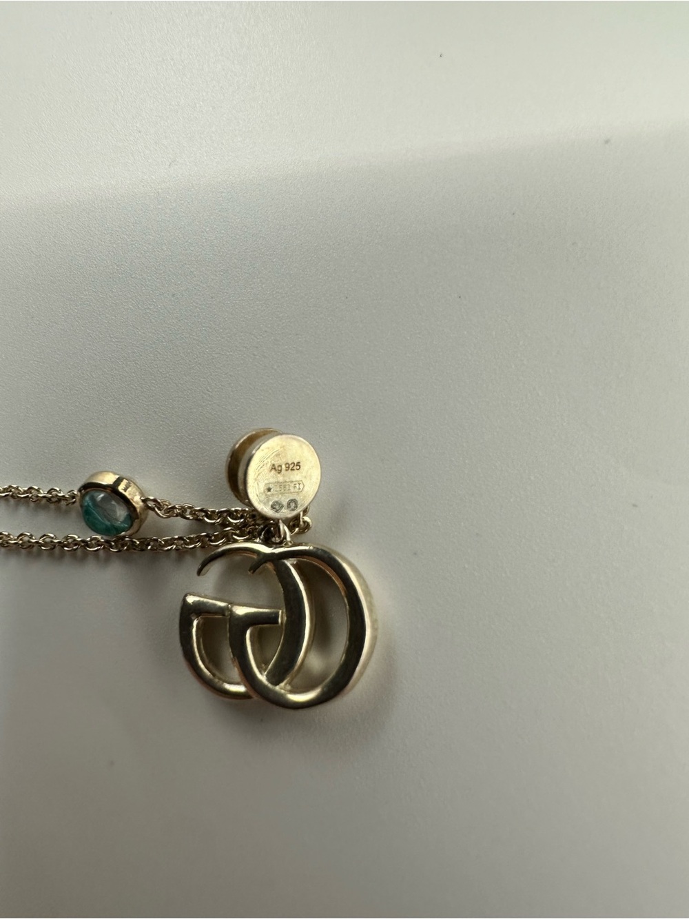 Gucci Sterling Silver Necklace with turquoise, mother-of-pearl Double G Charm. - Picture 2 of 4